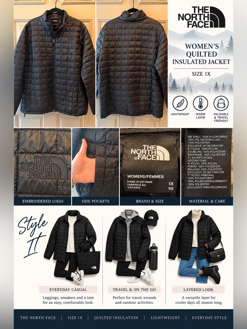 The North Face Women’s Black Quilted Insulated Jacket Plus Size 1X